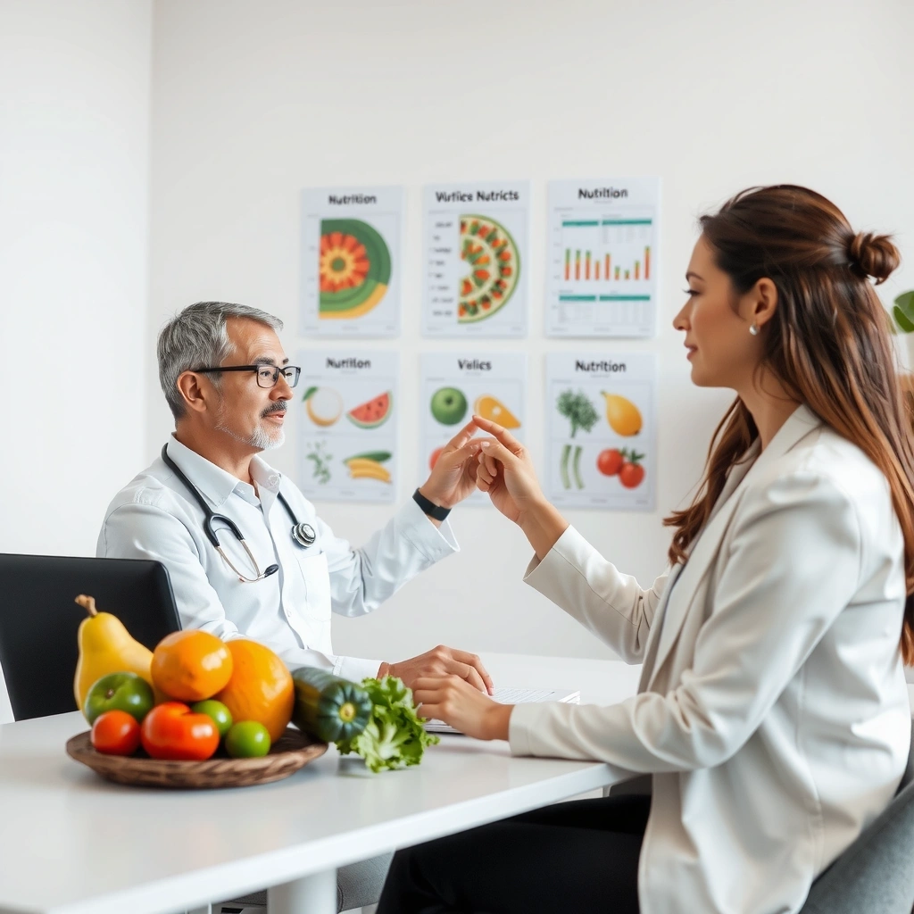 Nutriționist profesionist consultând un client într-un cabinet modern și prietenos