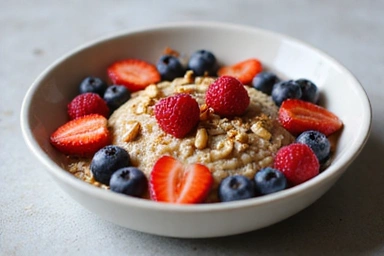Eine Schüssel mit Haferflocken und frischen Beeren, die ein gesundes Frühstück für den Start in den Tag darstellt