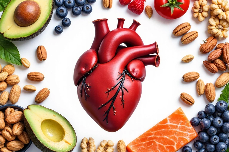 Herz und gesundes Essen, symbolisierend Herz-Kreislauf-Gesundheit.